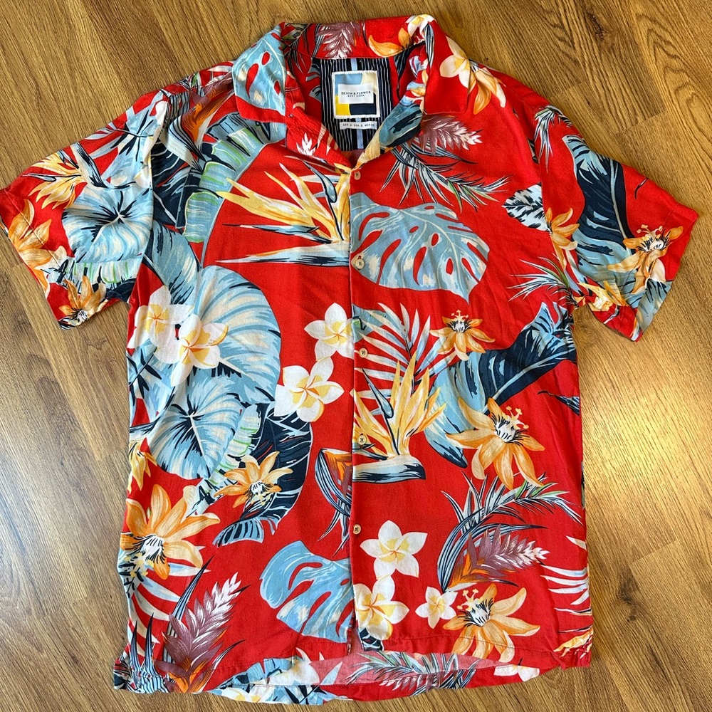 Denim & Flower Red and Blue Casual Button Down Beach Summer Shirt